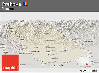 Shaded Relief Panoramic Map of Prahova, semi-desaturated