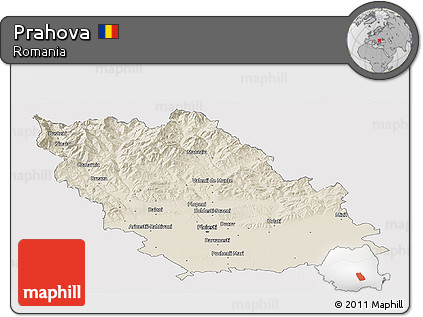 Shaded Relief Panoramic Map of Prahova, single color outside
