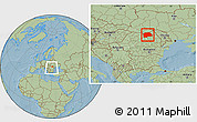 Savanna Style Location Map of Suceava, within the entire country, hill shading