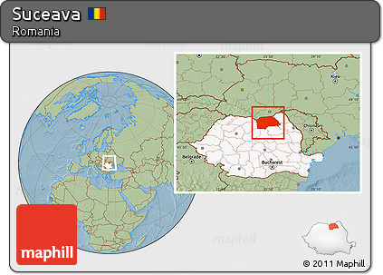 Savanna Style Location Map of Suceava, highlighted country, hill shading