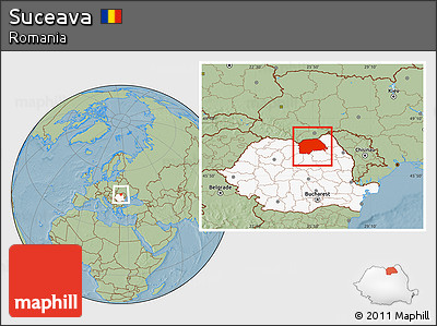 Savanna Style Location Map of Suceava, highlighted country, hill shading