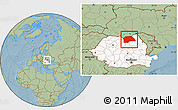 Savanna Style Location Map of Suceava, highlighted country, hill shading
