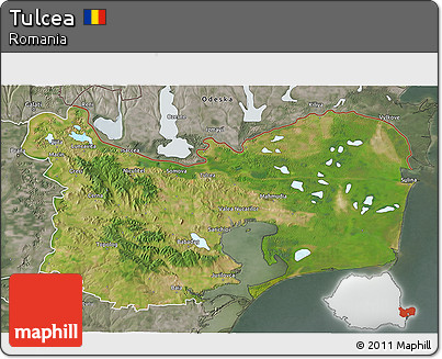 Satellite 3D Map of Tulcea, semi-desaturated
