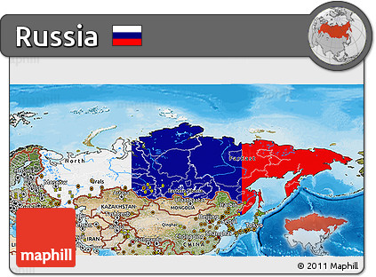 Flag 3D Map of Russia, satellite outside, bathymetry sea, flag rotated