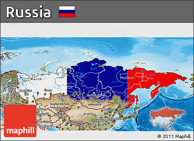 Flag 3D Map of Russia, satellite outside, bathymetry sea, flag rotated
