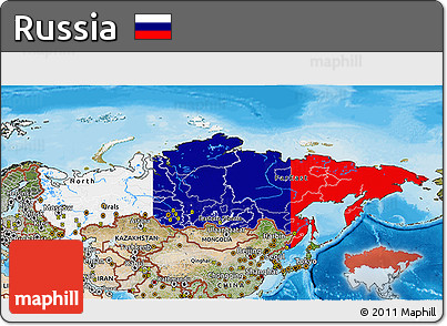 Flag 3D Map of Russia, satellite outside, bathymetry sea, flag rotated