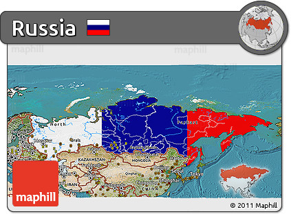 Flag 3D Map of Russia, satellite outside, flag rotated