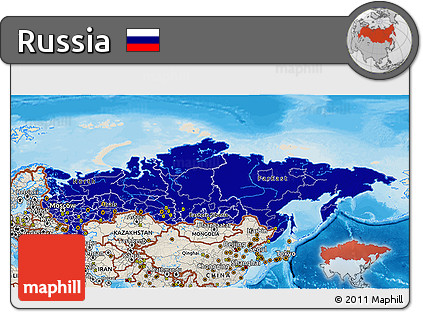 Flag 3D Map of Russia, shaded relief outside, bathymetry sea, flag centered
