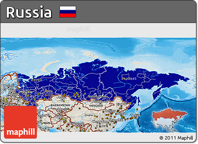 Flag 3D Map of Russia, shaded relief outside, bathymetry sea, flag centered