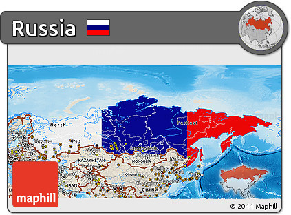 Flag 3D Map of Russia, shaded relief outside, flag aligned to the middle