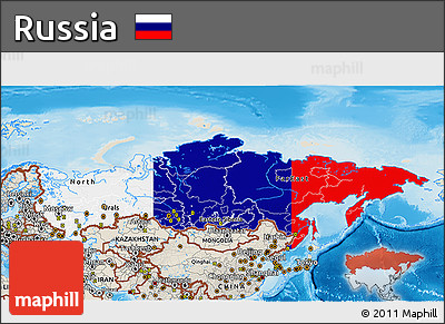 Flag 3D Map of Russia, shaded relief outside, flag aligned to the middle
