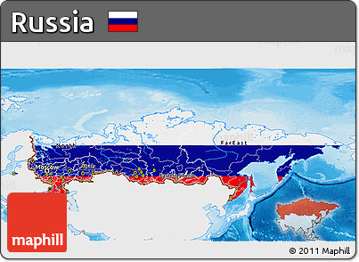 Flag 3D Map of Russia, single color outside, bathymetry sea, shaded relief sea