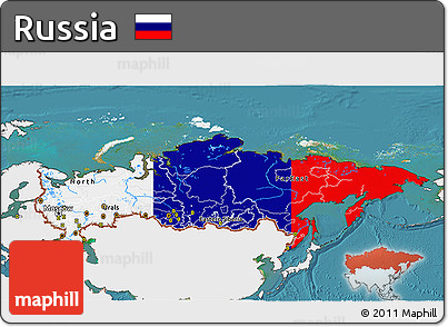 Flag 3D Map of Russia, single color outside, satellite sea, flag rotated