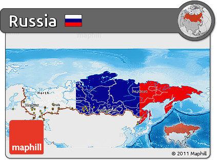 Flag 3D Map of Russia, single color outside, shaded relief sea, flag rotated
