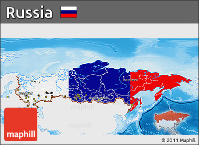 Flag 3D Map of Russia, single color outside, shaded relief sea, flag rotated