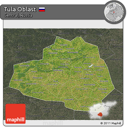 Satellite 3D Map of Tula Oblast, darken, semi-desaturated