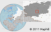 Gray Location Map of Aleksin, highlighted country, highlighted grandparent region, hill shading