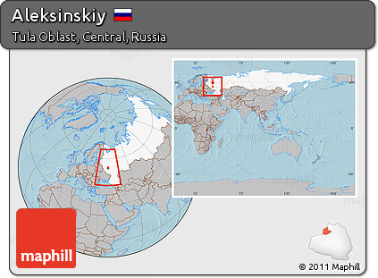 Gray Location Map of Aleksinskiy, highlighted country, highlighted parent region, within the entire country, hill shading