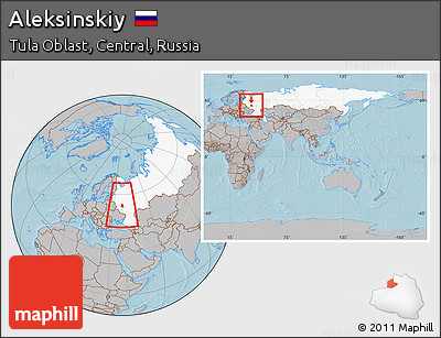 Gray Location Map of Aleksinskiy, highlighted country, highlighted parent region, within the entire country, hill shading