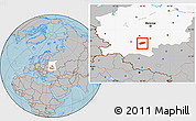 Gray Location Map of Arsenyevskiy, highlighted grandparent region, hill shading