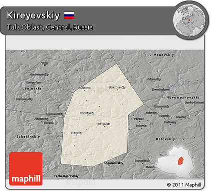 Shaded Relief 3D Map of Kireyevskiy, darken, semi-desaturated