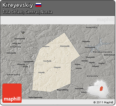Shaded Relief 3D Map of Kireyevskiy, darken, semi-desaturated