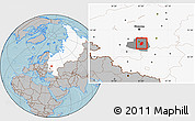 Gray Location Map of Kireyevskiy, highlighted country, highlighted parent region, hill shading