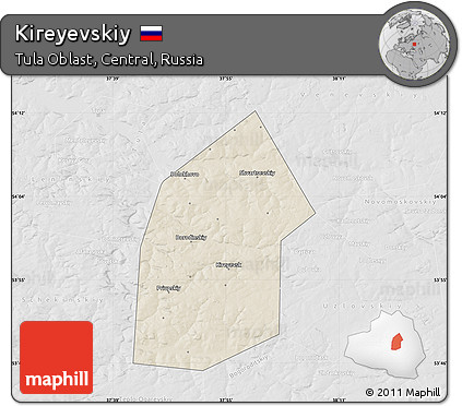 Shaded Relief Map of Kireyevskiy, lighten, desaturated