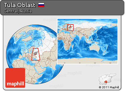 Shaded Relief Location Map of Tula Oblast, highlighted country, highlighted parent region, within the entire country