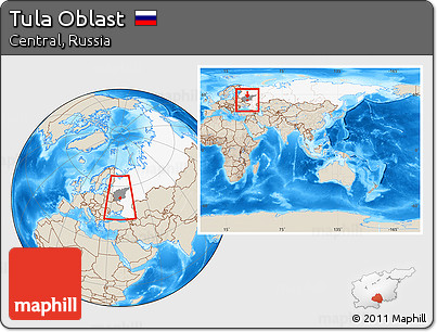 Shaded Relief Location Map of Tula Oblast, highlighted country, highlighted parent region, within the entire country