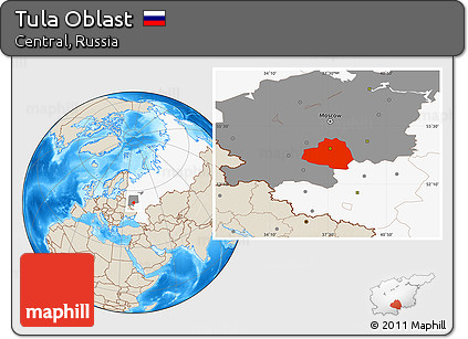 Shaded Relief Location Map of Tula Oblast, highlighted country, highlighted parent region