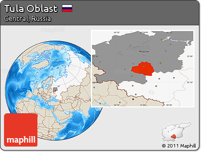 Shaded Relief Location Map of Tula Oblast, highlighted country, highlighted parent region