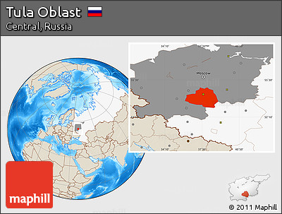 Shaded Relief Location Map of Tula Oblast, highlighted country, highlighted parent region