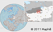 Gray Location Map of Konakovskiy, highlighted parent region, highlighted grandparent region, hill shading