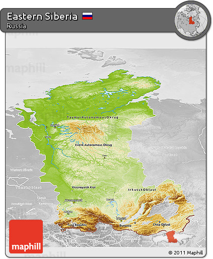 Physical 3D Map of Eastern Siberia, lighten, desaturated
