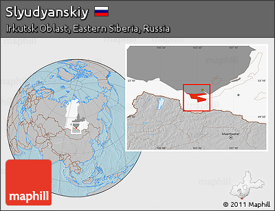 Gray Location Map of Slyudyanskiy, highlighted parent region, highlighted grandparent region, hill shading
