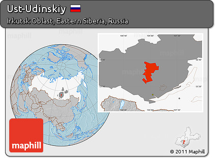Gray Location Map of Ust-Udinskiy, highlighted country, highlighted parent region, hill shading
