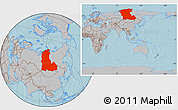 Gray Location Map of Eastern Siberia, within the entire country, hill shading