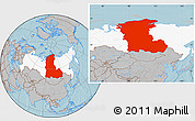 Gray Location Map of Eastern Siberia, highlighted country, hill shading
