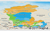 Political Panoramic Map of Eastern Siberia, shaded relief outside