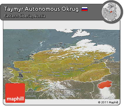 Satellite 3D Map of Taymyr Autonomous Okrug, semi-desaturated