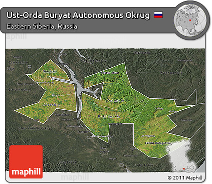 Satellite 3D Map of Ust-Orda Buryat Autonomous Okrug, darken, semi-desaturated