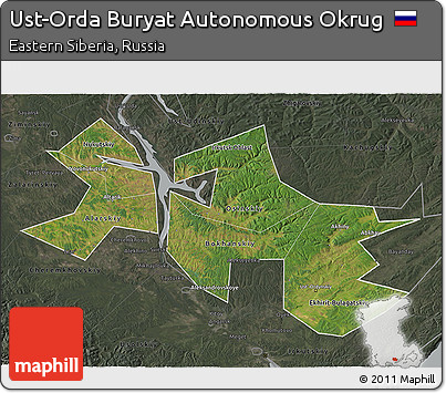 Satellite 3D Map of Ust-Orda Buryat Autonomous Okrug, darken, semi-desaturated