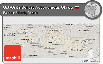 Shaded Relief Panoramic Map of Ust-Orda Buryat Autonomous Okrug, semi-desaturated