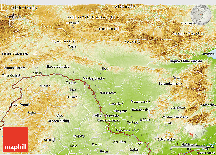 Physical 3D Map of Amur Oblast