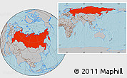 Gray Location Map of Russia, within the entire continent, hill shading