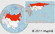 Gray Location Map of Russia, highlighted continent, within the entire continent, hill shading