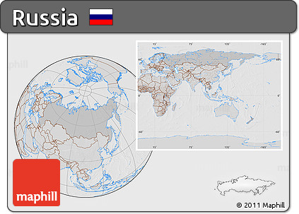 Gray Location Map of Russia, lighten, desaturated, hill shading
