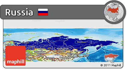 Flag Panoramic Map of Russia, physical outside, flag centered
