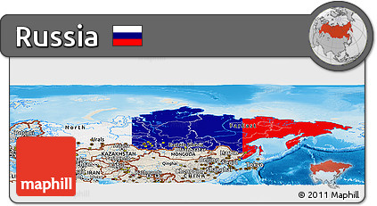 Flag Panoramic Map of Russia, shaded relief outside, flag rotated